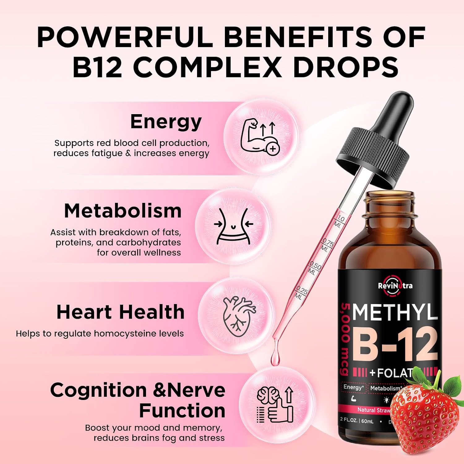 ReviNutra Vitamina B12 Líquida 5000 mcg con Complejo B - Metilcobalamina, B6 y Folato - Sabor Fresa Natural - 60 ml