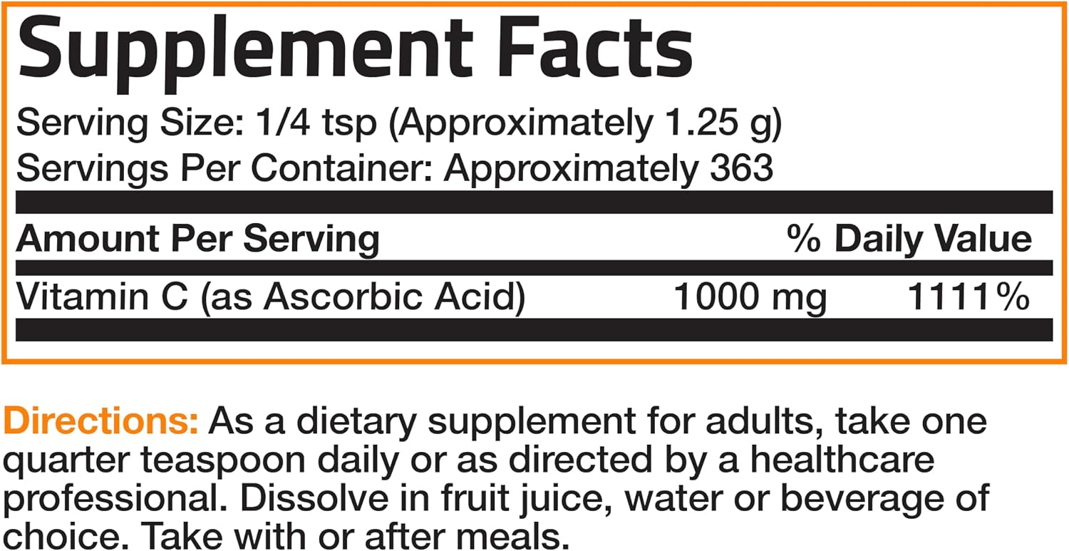 Bronson Vitamina C en Polvo - Ácido Ascórbico Puro - 454 g (1 Libra)