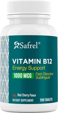 Safrel Vitamina B12 1000 mcg, 200 Comprimidos Sublinguales de Rápida Disolución, Sabor Cereza