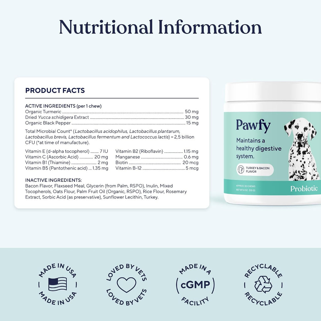 Pawfy Probióticos para Perros | Apoya la Salud Digestiva, Diarrea para Perros Pequeños y Grandes | Mejora la Salud Intestinal | Suplemento Anti Levaduras | Salud de la Piel y Alergias Estacionales - 30 Masticables (Bacon)