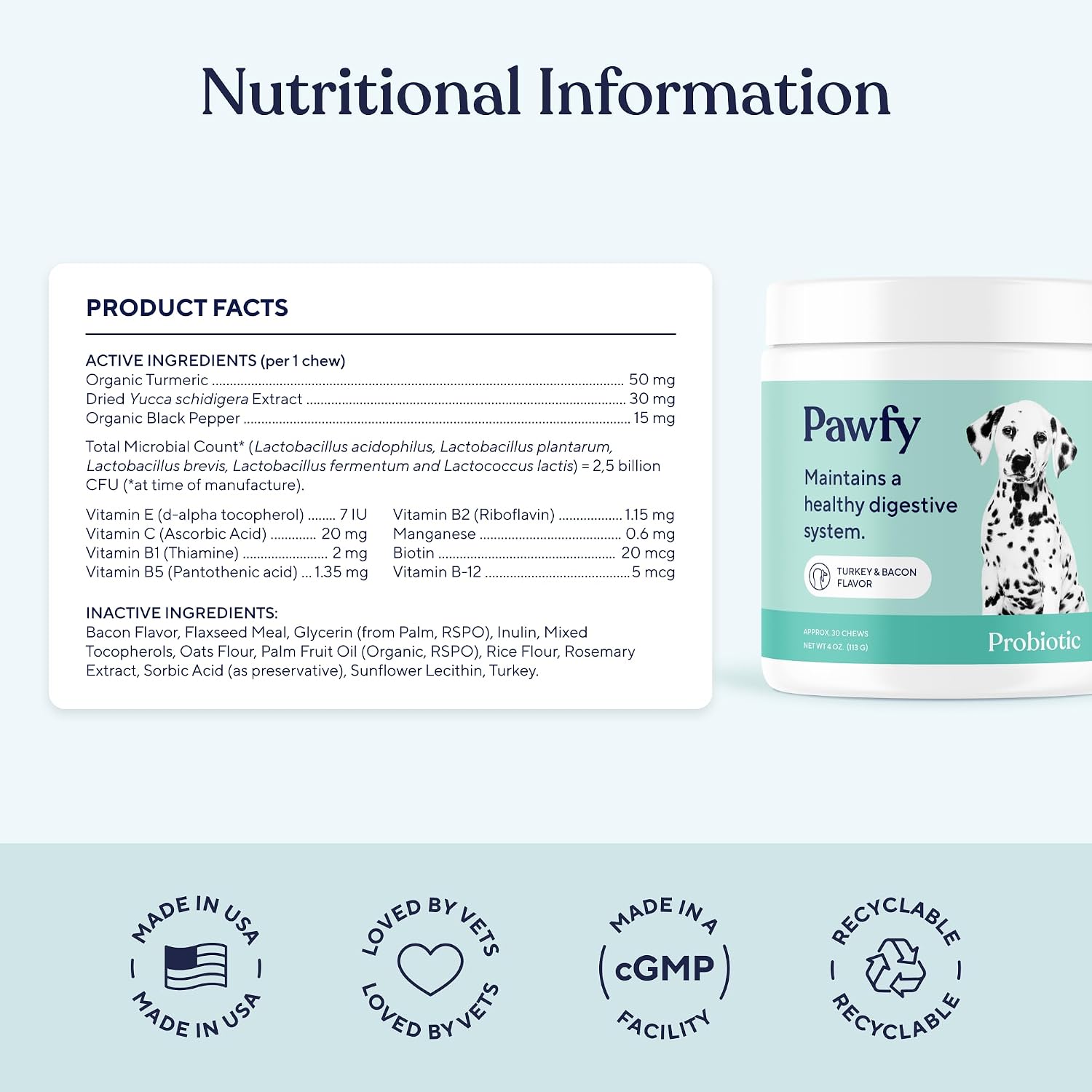 Pawfy Probióticos para Perros | Apoya la Salud Digestiva, Diarrea para Perros Pequeños y Grandes | Mejora la Salud Intestinal | Suplemento Anti Levaduras | Salud de la Piel y Alergias Estacionales - 30 Masticables (Bacon)