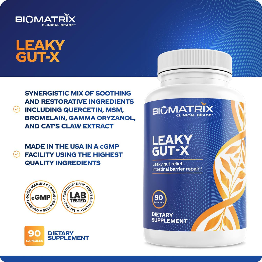 BioMatrix Leaky Gut-X - Complemento para la Reparación Intestinal con Glutamina, Quercetina, Uña de Gato, MSM, 60 Días