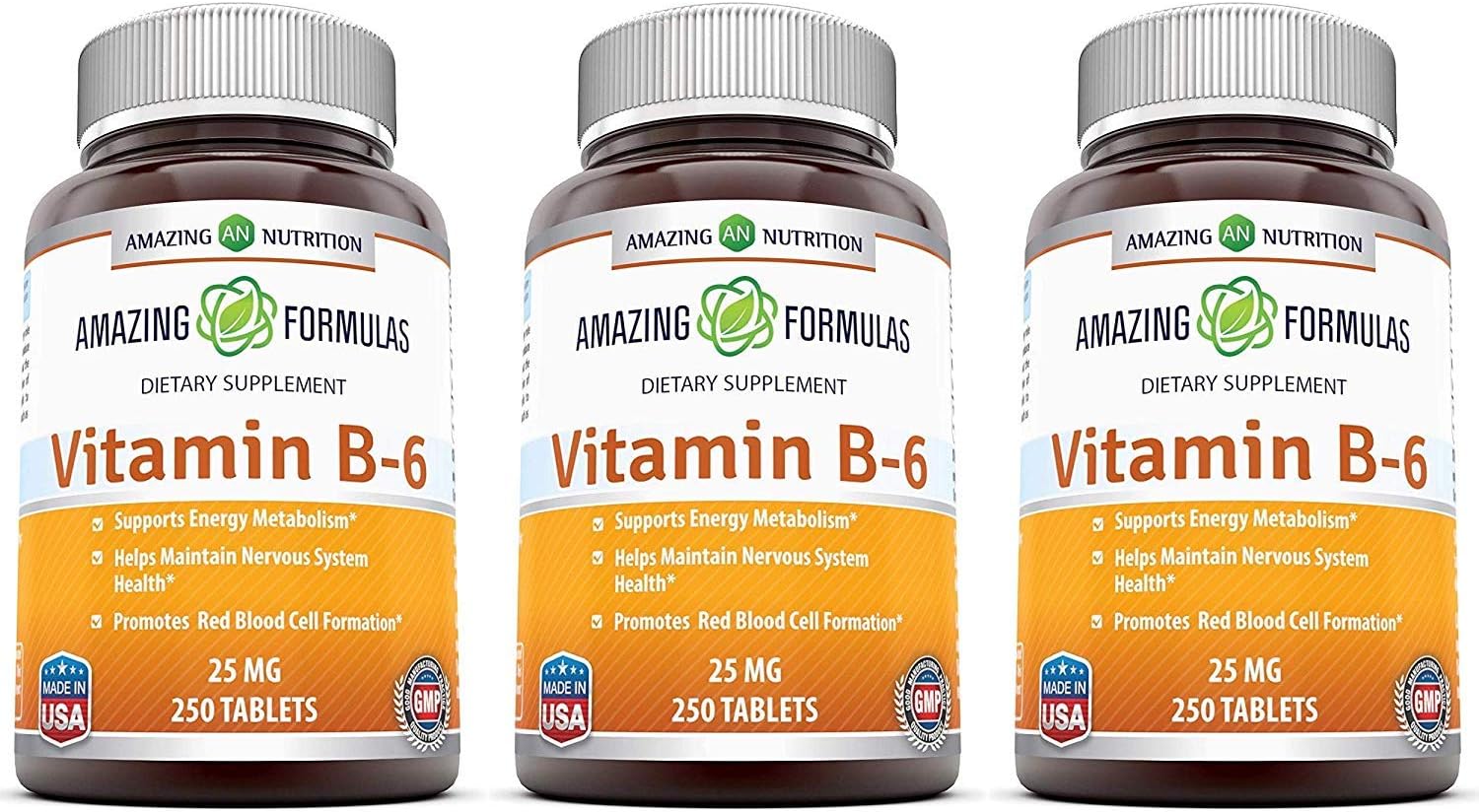 Amazing Formulas Vitamina B6 Piridoxina 25 mg, 250 Comprimidos (Paquete de 3)