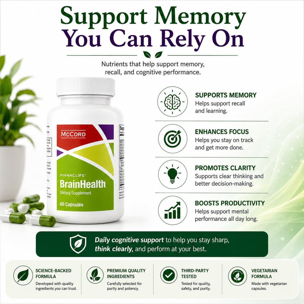 McCord BrainHealth Complemento Cerebral con Olivamine, Vitaminas D3, B6, B12, Rhodiola Rosea, Magnesio y Taurina