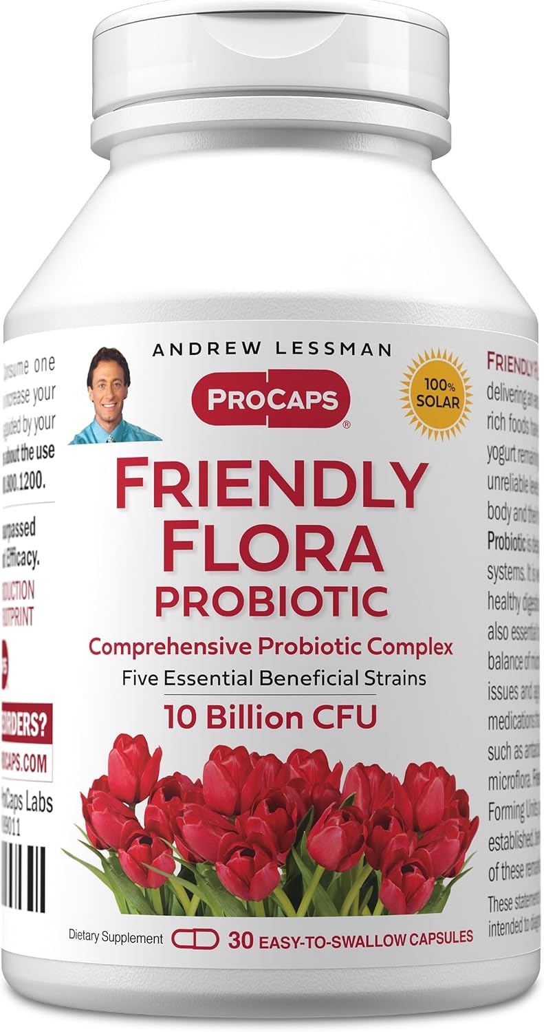 ANDREW LESSMAN Friendly Flora Probiotic 180 Cápsulas – 10 Mil Millones UFC, Mezcla de 5 Cepas Probióticas, Apoyo Digestivo e Inmune