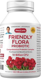 ANDREW LESSMAN Friendly Flora Probiotic 180 Cápsulas – 10 Mil Millones UFC, Mezcla de 5 Cepas Probióticas, Apoyo Digestivo e Inmune