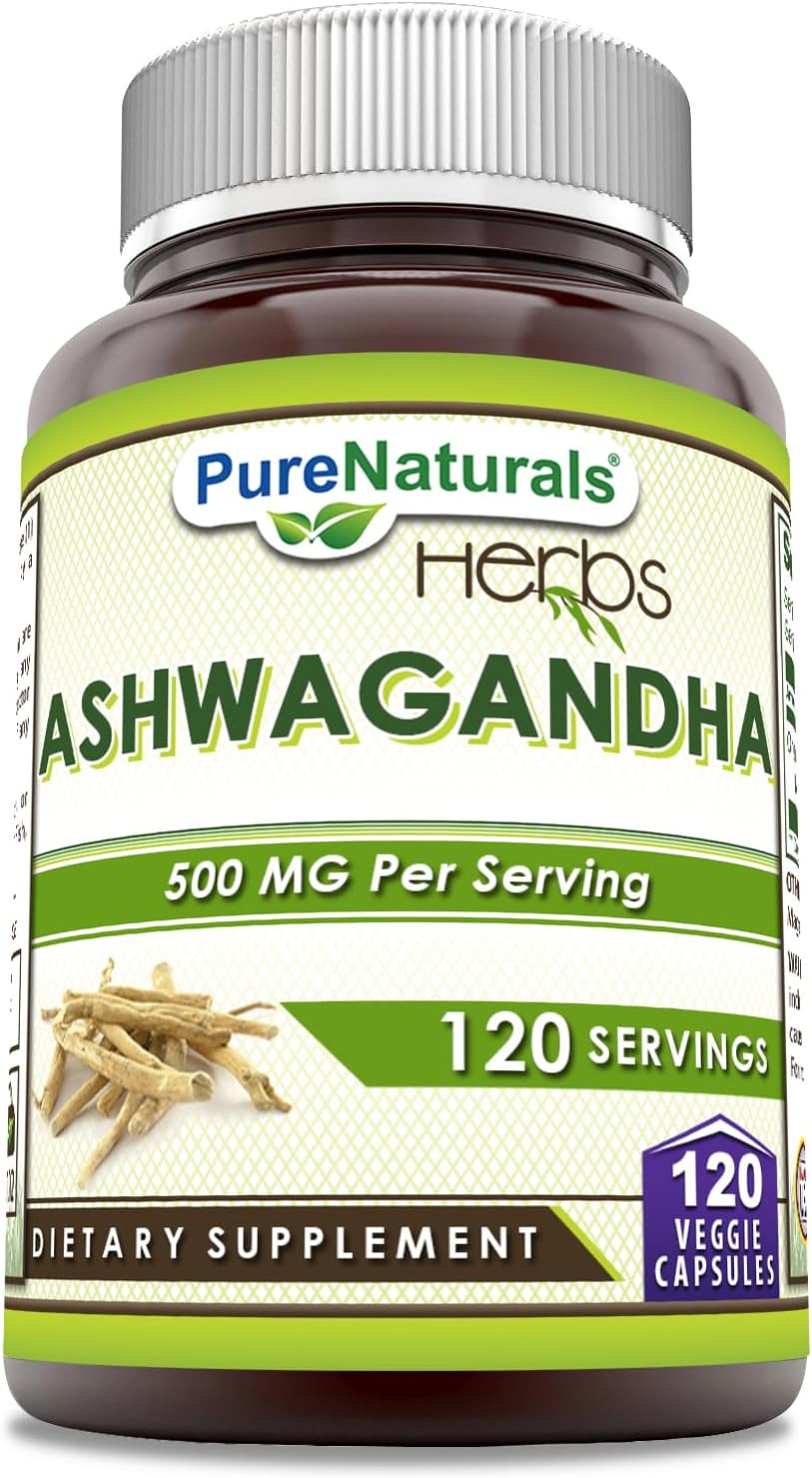 Pure Naturals Ashwagandha 500 mg por ración, 120 cápsulas vegetales - No transgénico, Sin gluten, Hecho en EE. UU.