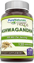 Pure Naturals Ashwagandha 500 mg por ración, 120 cápsulas vegetales - No transgénico, Sin gluten, Hecho en EE. UU.