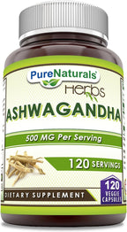 Pure Naturals Ashwagandha 500 mg por ración, 120 cápsulas vegetales - No transgénico, Sin gluten, Hecho en EE. UU.