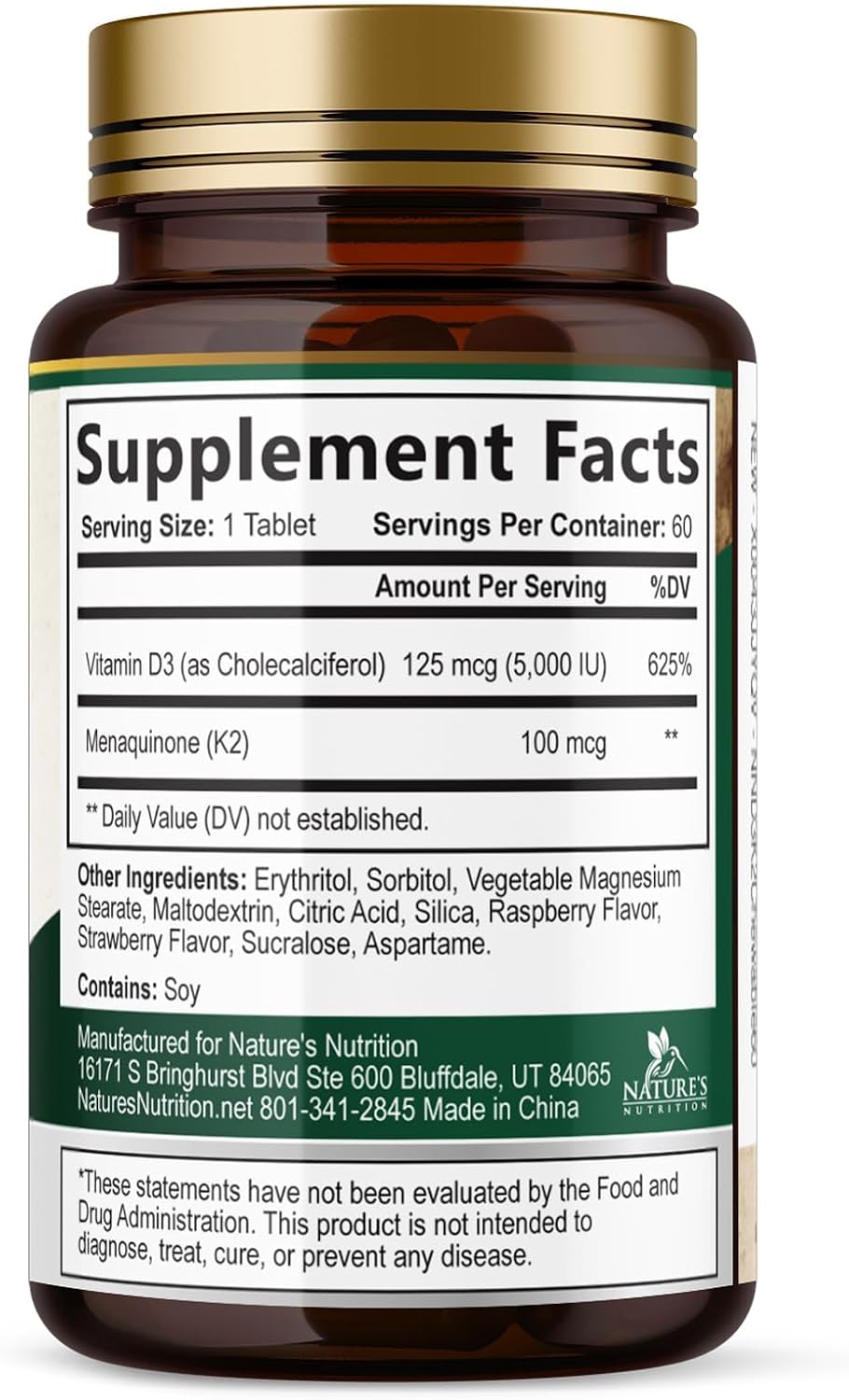 Nature's Nutrition Vitamina D3 K2 5000 UI + 100 mcg MK-7 - 60 Comprimidos Masticables