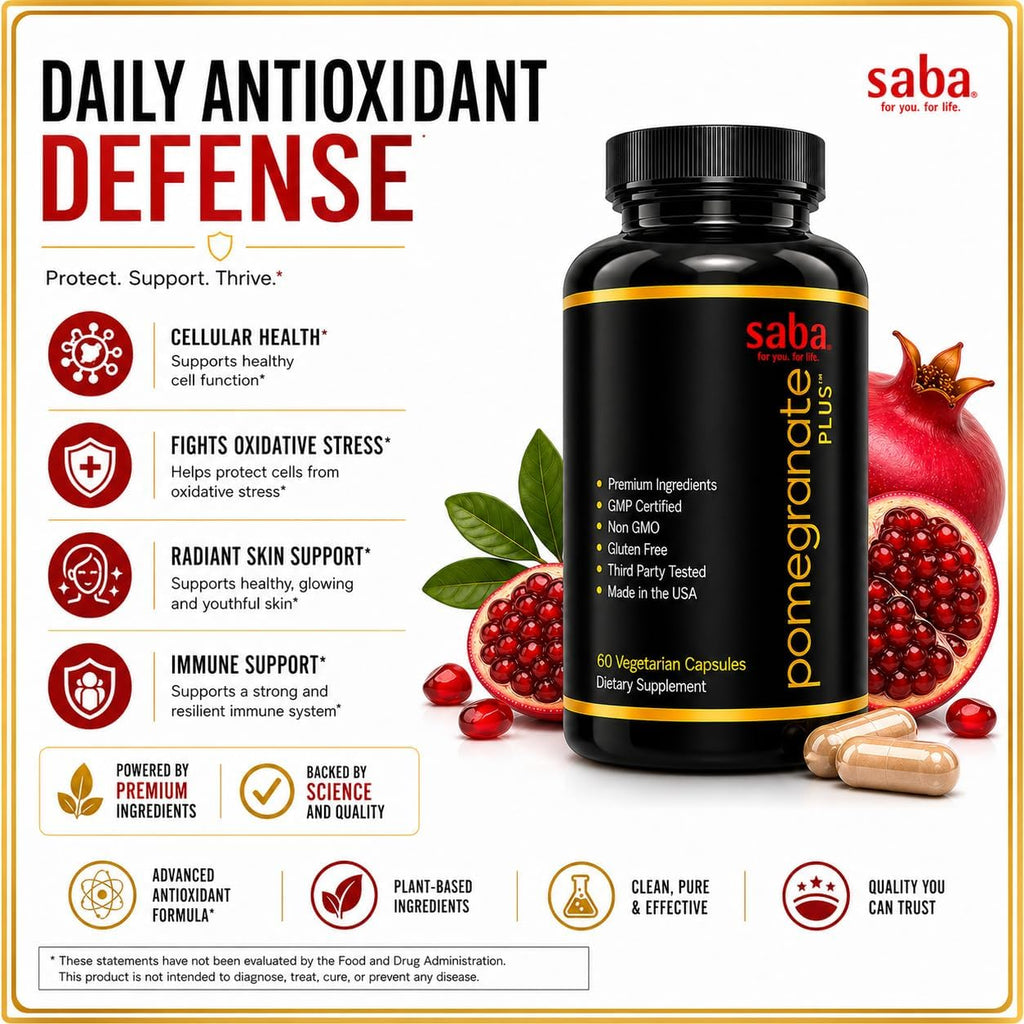 Saba Pomegranate Plus | Suplemento antioxidante con Astaxantina y Granada | 60 Cápsulas