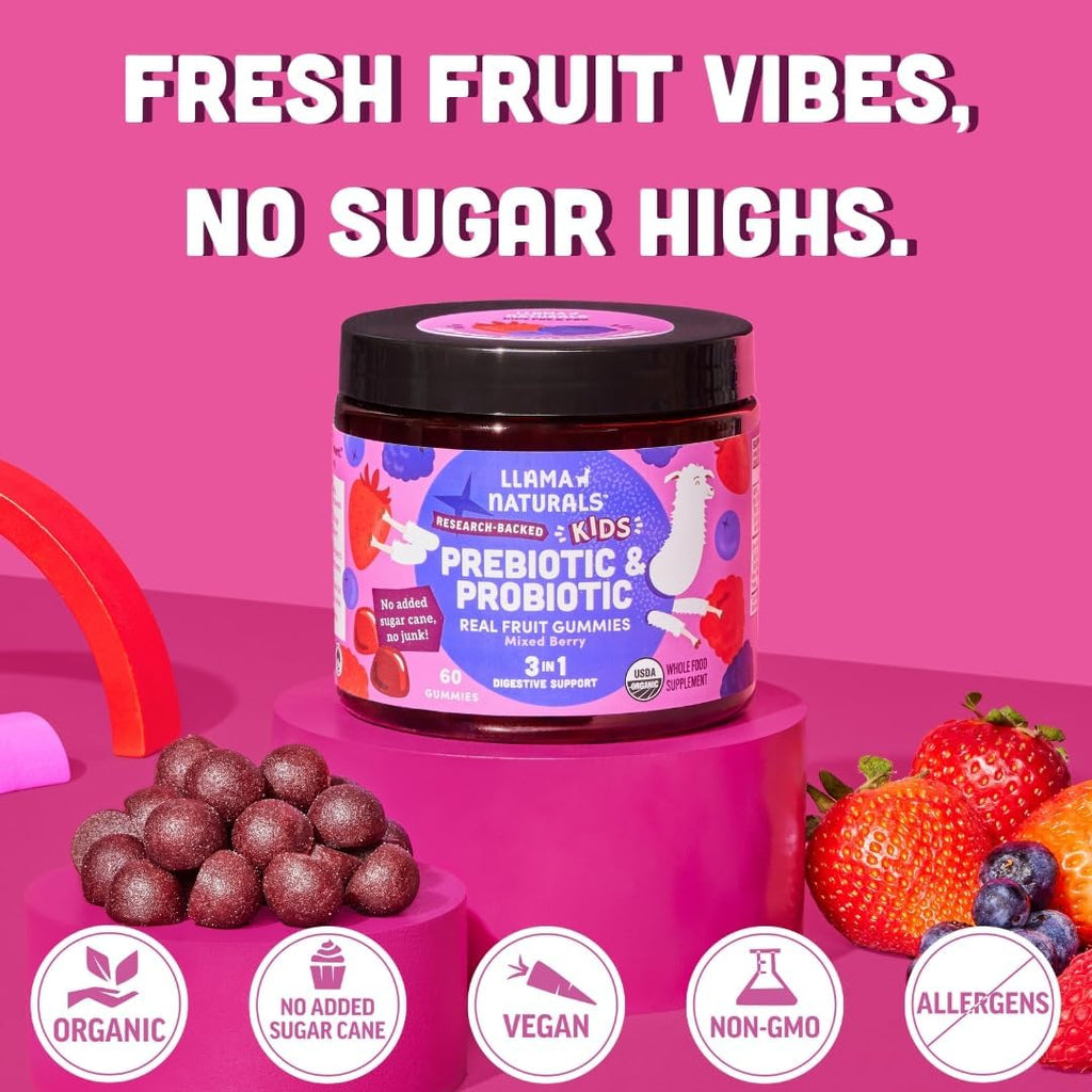 Llama Naturals Probiótico Infantil con Prebiótico, Gominolas Veganas de Fruta Real, Sin Azúcar Añadido, Mixed Berry, 60 Ct