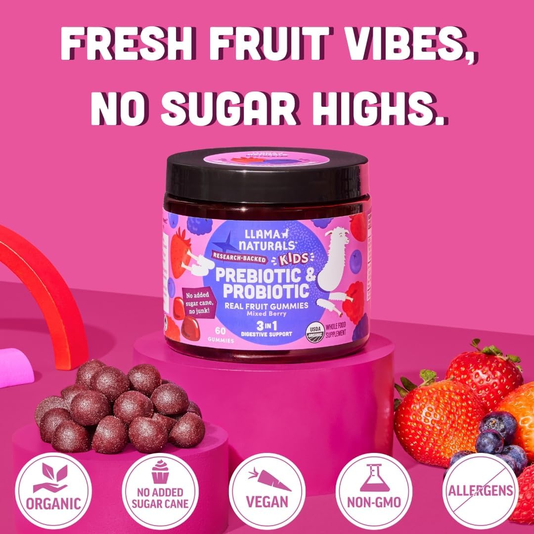 Llama Naturals Probiótico Infantil con Prebiótico, Gominolas Veganas de Fruta Real, Sin Azúcar Añadido, Mixed Berry, 60 Ct