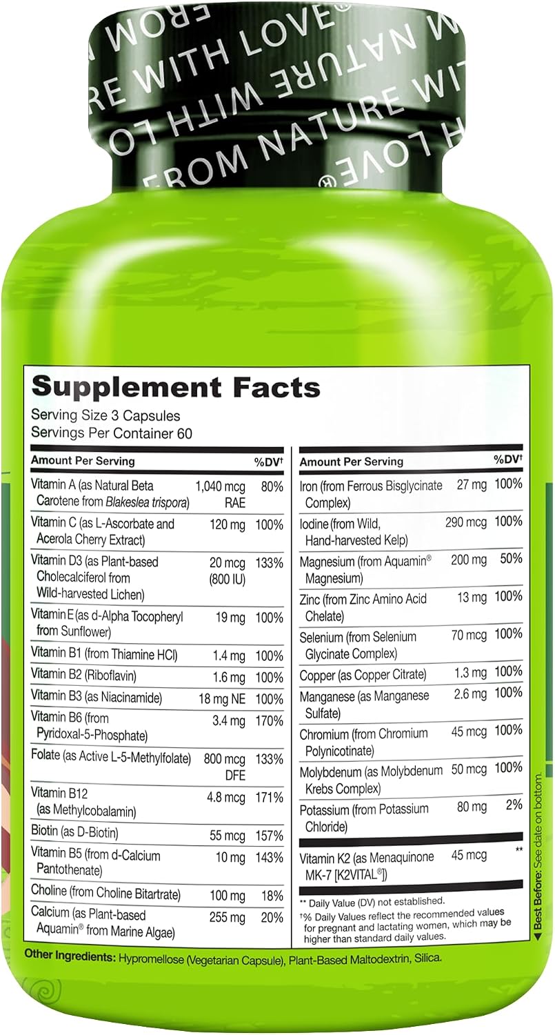 NATURELO Prenatal Multivitamin with Gentle Chelated Iron, Methyl Folate, Plant Calcium & Choline – 180 Cápsulas (Pack de 2)