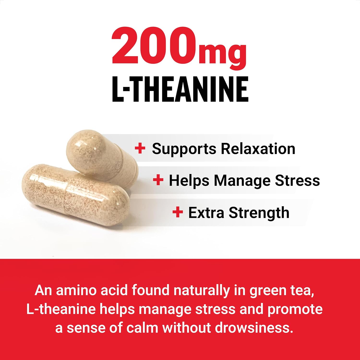 Force Factor L-Teanina 200mg, Suplemento Extra Fuerte para el Alivio del Estrés y la Relajación, Vegano, Sin OGM, 60 Cápsulas Vegetales
