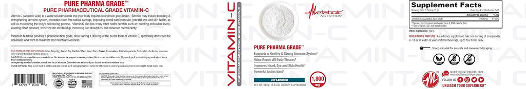 Metabolic Nutrition Vitamina C 1000 mg - Ácido Ascórbico Puro Grado Farmacéutico (500 g)