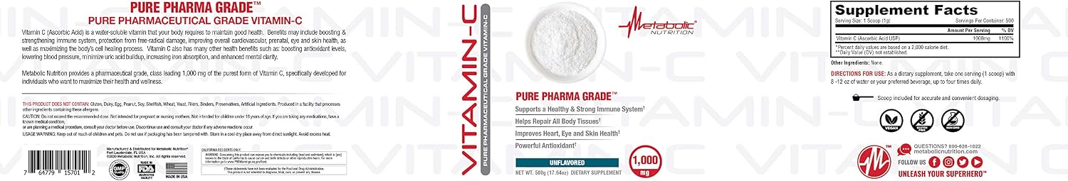 Metabolic Nutrition Vitamina C 1000 mg - Ácido Ascórbico Puro Grado Farmacéutico (500 g)