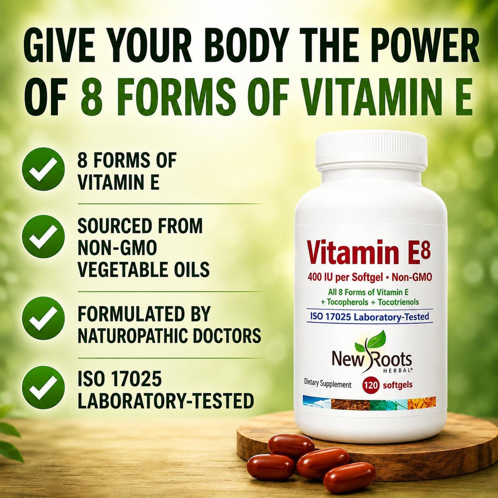 New Roots Herbal Vitamina E 400 UI con 8 Tocoferoles y Tocotrienoles, 120 Cápsulas Blandas