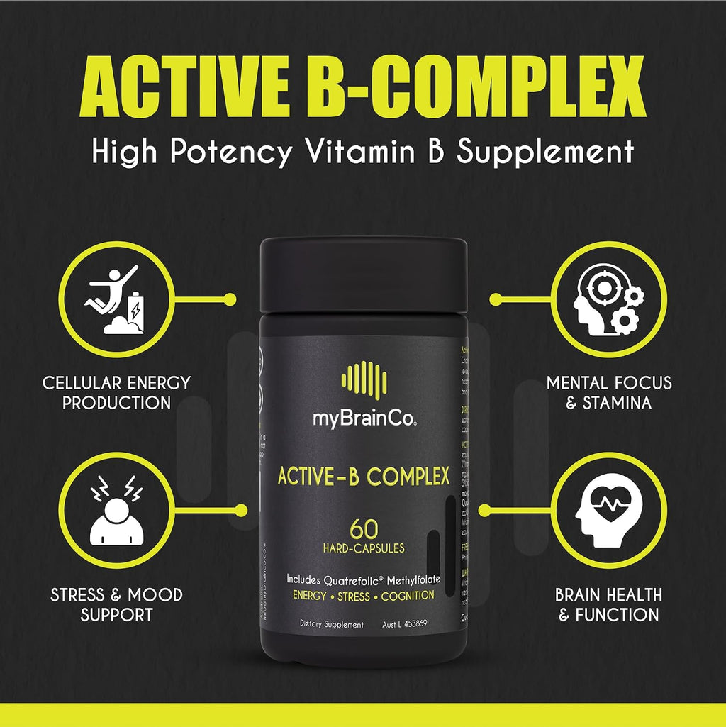 myBrainCo. Active-B Complex – Complejo B Activado de Alta Potencia con B2, B6, B12 y Metilfolato – Apoya Energía, Función Cerebral y Sistema Nervioso – 60 Cápsulas Vegetales