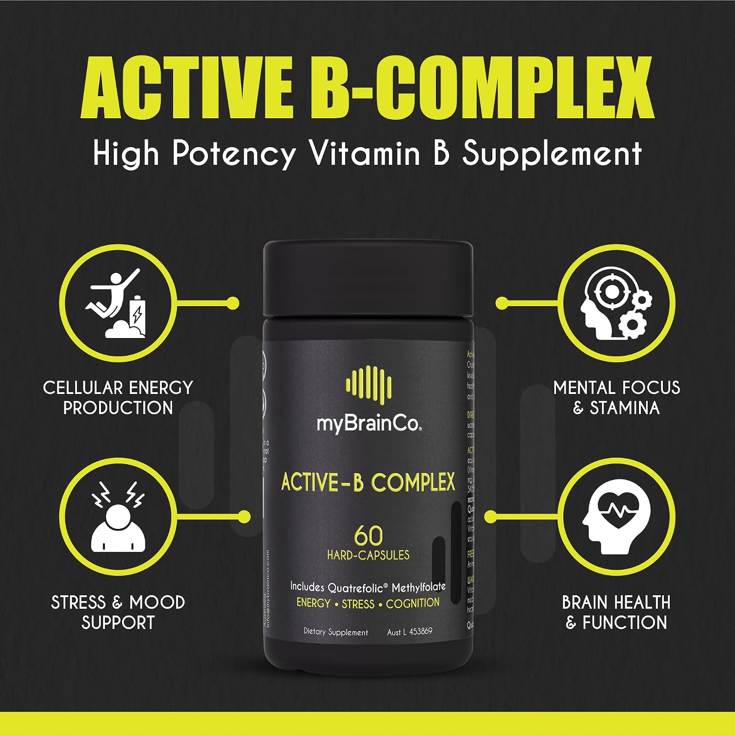 myBrainCo. Active-B Complex – Complejo B Activado de Alta Potencia con B2, B6, B12 y Metilfolato – Apoya Energía, Función Cerebral y Sistema Nervioso – 60 Cápsulas Vegetales