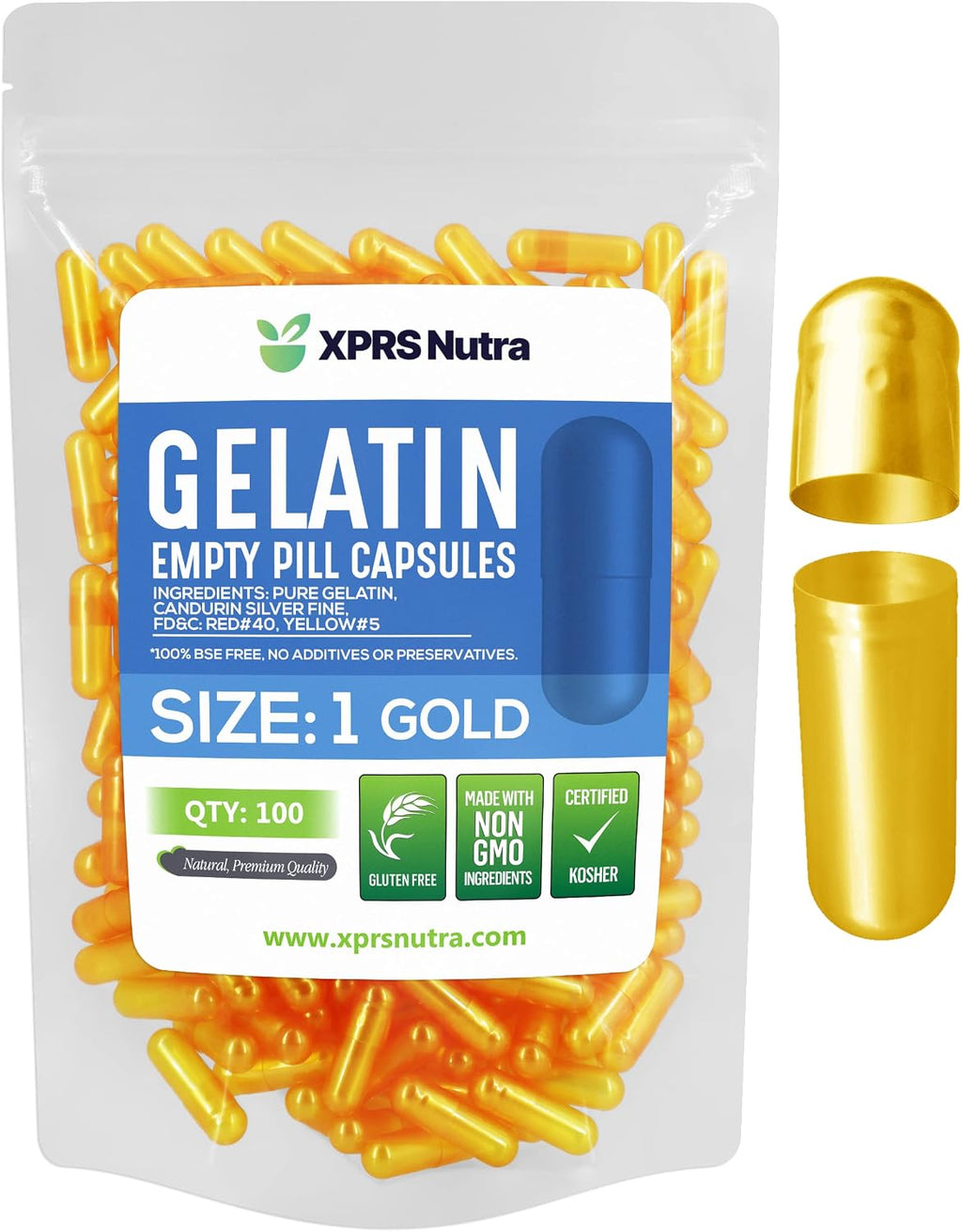 XPRS Nutra Cápsulas Vacías Tamaño 1 - 100 Cápsulas de Gelatina Bovina - Relleno DIY de Suplementos (Dorado)