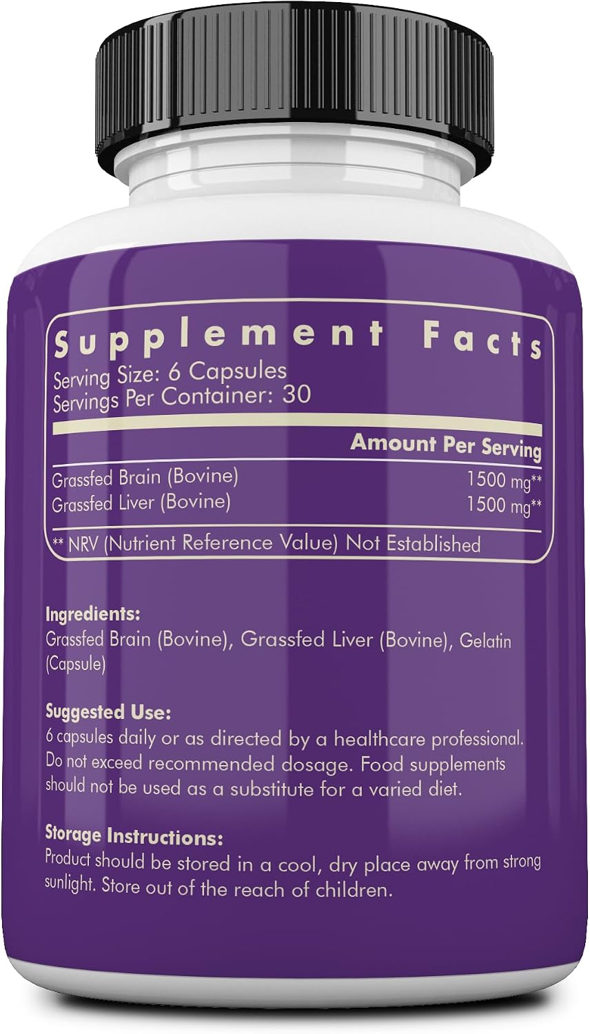 Ancestral Supplements Suplemento de Cerebro e Hígado de Vaca Alimentada con Pasto, 180 Cápsulas