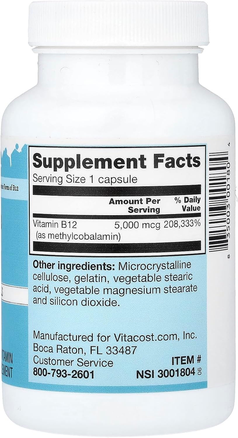 Vitacost Vitamina B12, 5000 mcg, 100 Cápsulas