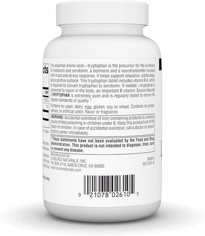 Source Naturals L-Triptófano con Vitamina B6 para el Estado de Ánimo, Relajación y Sueño - 1000 mg - 90 Comprimidos – Image 3