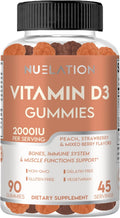 NUELATION Gomitas de Vitamina D3 2000 UI - 90 Unidades (45 Dosis) - Sabor Melocotón, Fresa y Frutos del Bosque - Sin Gelatina, Sin Gluten, No-GMO