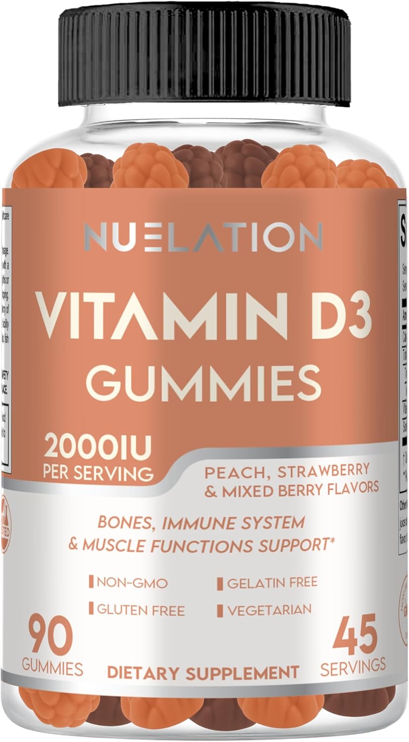 NUELATION Gomitas de Vitamina D3 2000 UI - 90 Unidades (45 Dosis) - Sabor Melocotón, Fresa y Frutos del Bosque - Sin Gelatina, Sin Gluten, No-GMO