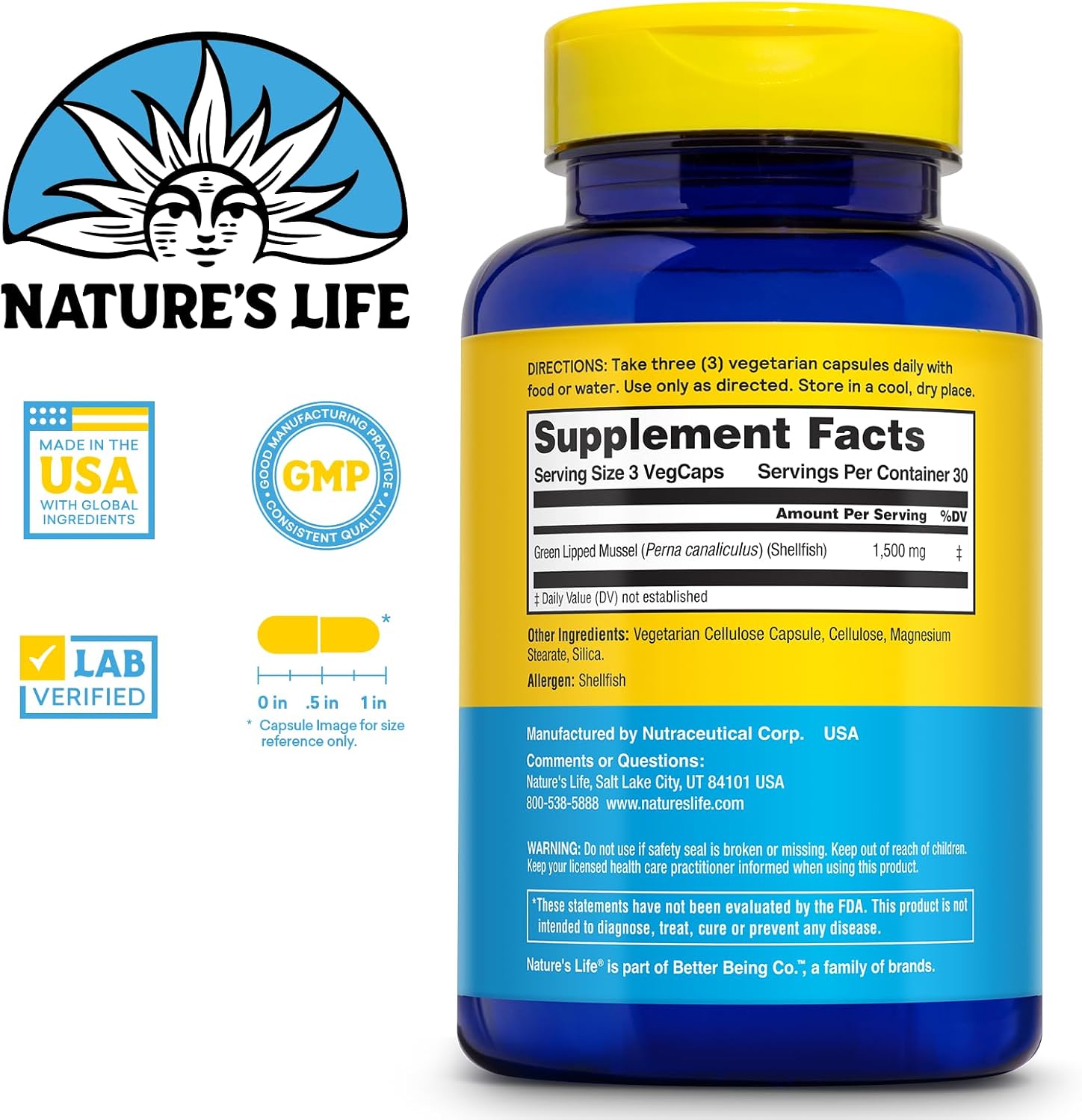 Nature's Life Mejillón de Labios Verdes 1500 mg Cápsulas para Hombres y Mujeres - Suplemento de Apoyo Articular - 30 Dosis, 90 Cápsulas