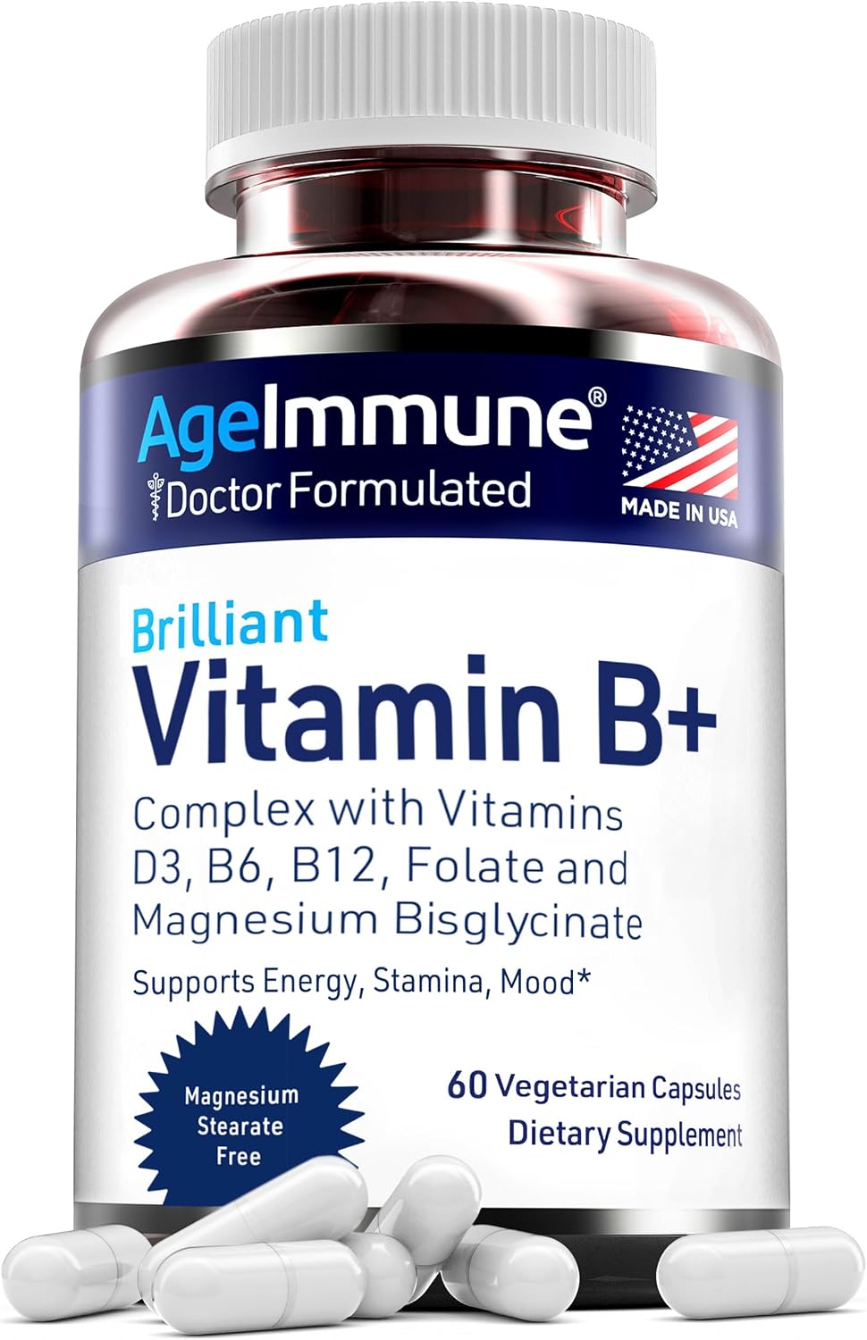 AgeImmune Complejo B con Vitamina D3, B12, B6, Magnesio Bisglicinato y Folato como Metilfolato - 60 Cápsulas - Sin Niacina