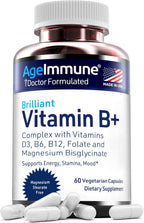 AgeImmune Complejo B con Vitamina D3, B12, B6, Magnesio Bisglicinato y Folato como Metilfolato - 60 Cápsulas - Sin Niacina