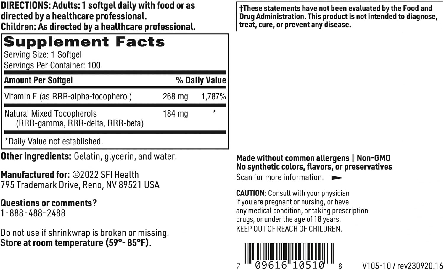 SFI Health Pure-E Natural Vitamin E with Mixed Tocopherols - 100 Softgels