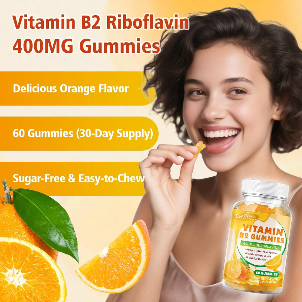 Gominolas de Vitamina B2 400mg - Riboflavina - Pack de 2 - Vegano, Sin Azúcar, Sabor Naranja - 120 Gominolas