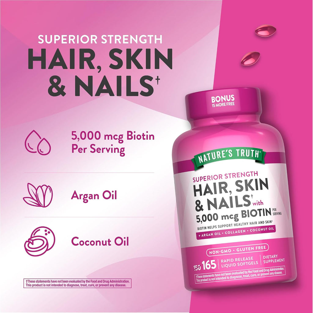 Nature's Truth Hair, Skin & Nails Vitamins | 5000 mcg Biotin | 165 Softgels | with Collagen