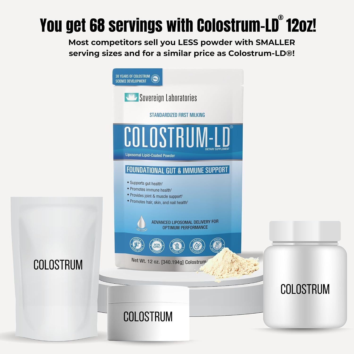 Colostrum-LD Powder | Sin Sabor | Entrega Liposomal, Máxima Absorción | 340 g (12 oz) - 68 Porciones