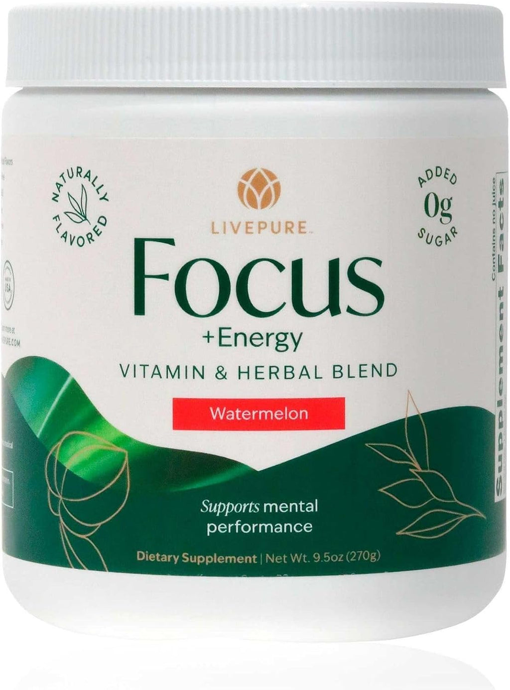PURE Focus + Energy Mezcla para Bebida | Cafeína Natural y Antioxidantes | Apoya la Alerta y Energía | Sin Azúcar | 269 g | Sabor Sandía