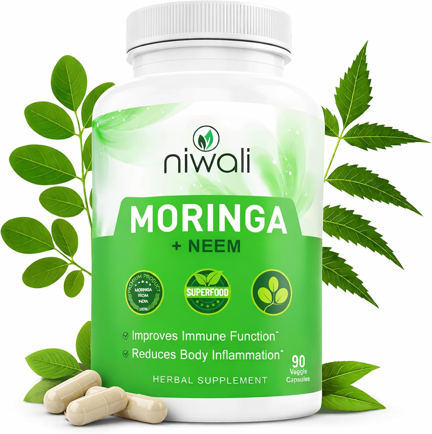 NIWALI Moringa Oleifera + Neem Suplemento Nutritivo | Apoyo Inmunitario y Energía | 90 Cápsulas (30 Días)
