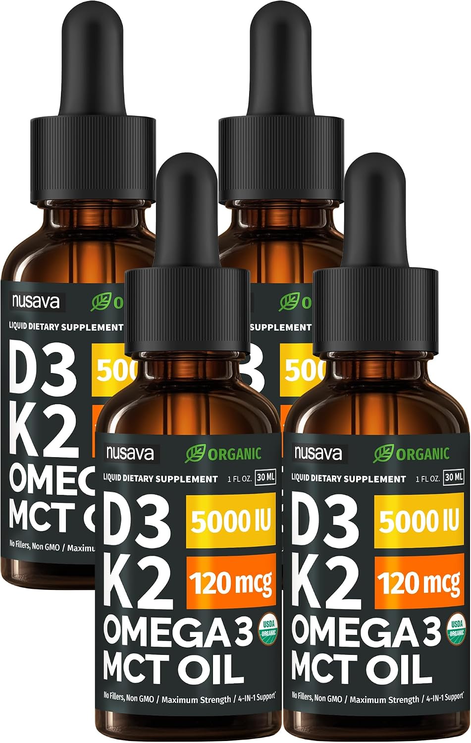 NUSAVA Organic Vitamin D3 K2 Drops with MCT Oil & Omega 3 (4 Pack)
