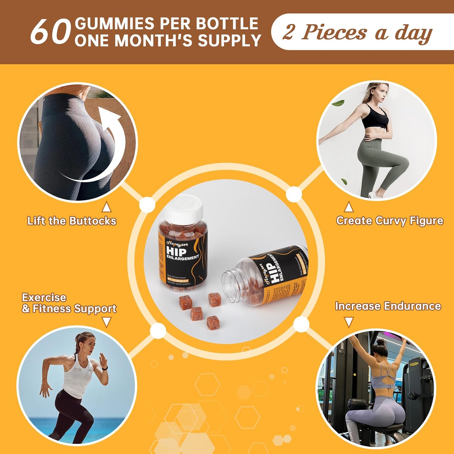 Booty Gummies para Glúteos y Caderas, 60 Gominolas Sabor Bayas