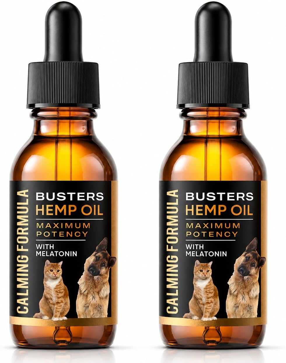 Buster's Aceite de Semilla de Cáñamo Prensado en Frío para Perros y Gatos con Melatonina - Gotas Calmantes - Pack de 2