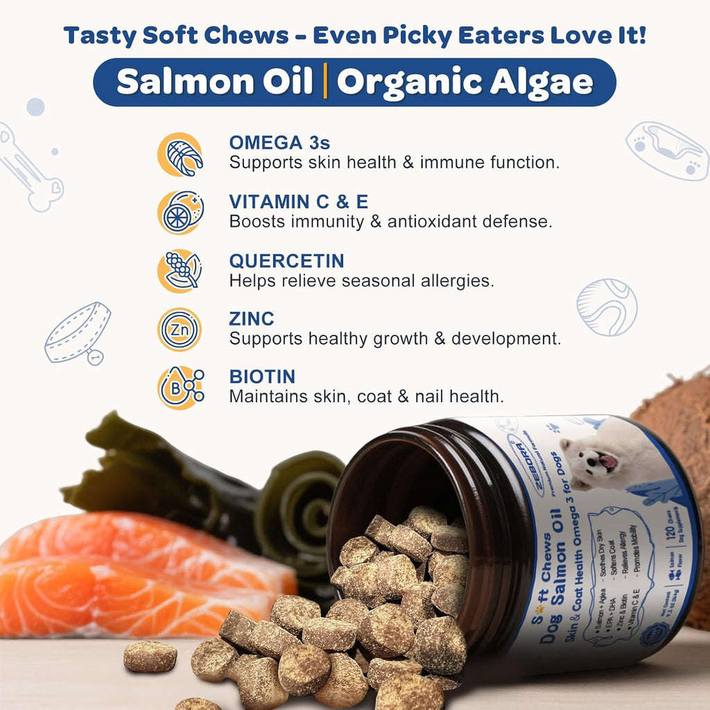 ZEBORA Aceite de Salmón para Perros – Snacks Blandos con Omega 3 6 9, EPA, DHA, Vitaminas C y E – Apoyo para Piel y Pelaje – 120 Unidades