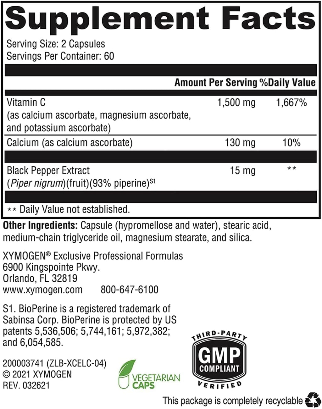 XYMOGEN Xcellent C - Vitamina C 750 mg con BioPerine - Apoyo Inmunitario, Antioxidante y Colágeno - Vegano, Sin Gluten y No-GMO - 120 Cápsulas