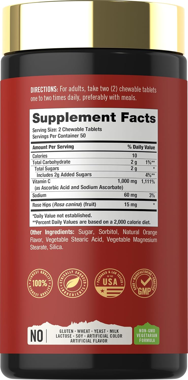 Carlyle Vitamina C Masticable 1000 mg - 100 Comprimidos - Sabor Naranja Natural - Vegetariano, No Transgénico y Sin Gluten