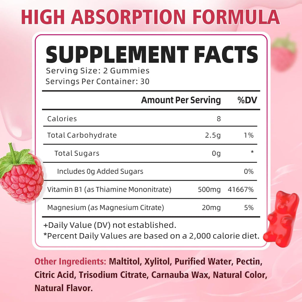 Gominolas de Vitamina B1 500mg con Magnesio, Suplemento de Tiamina para Adultos y Niños, Sabor Frambuesa, Pack de 2 (120 unidades)