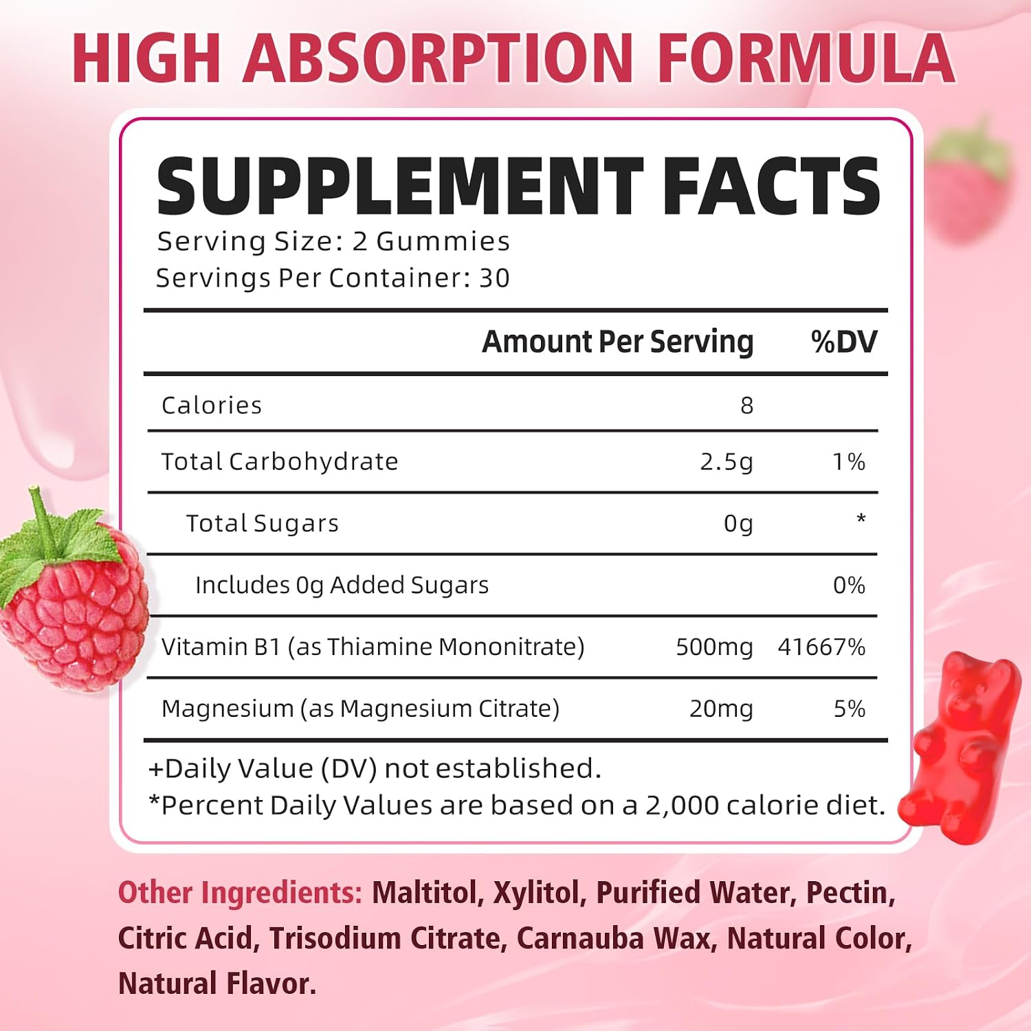 Gominolas de Vitamina B1 500mg con Magnesio, Suplemento de Tiamina para Adultos y Niños, Sabor Frambuesa, Pack de 2 (120 unidades)