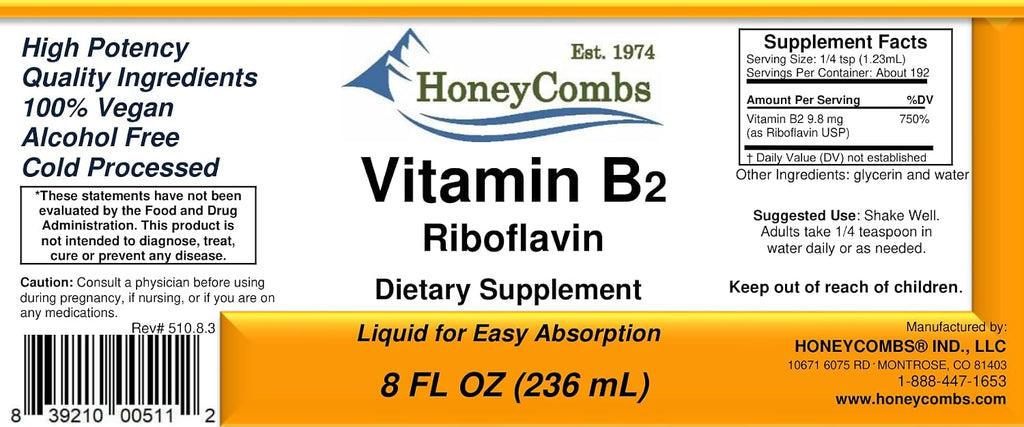 HoneyCombs Riboflavina Vitamina B2 Líquida Gotas, 237 ml