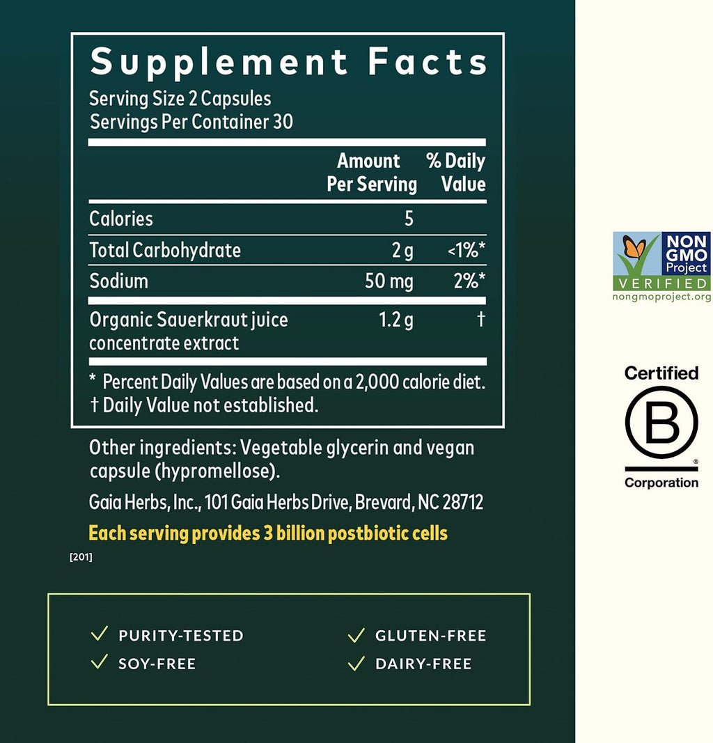 Gaia Herbs Postbiótico de Chucrut - Salud Digestiva e Inmune - 60 Cápsulas Veganas