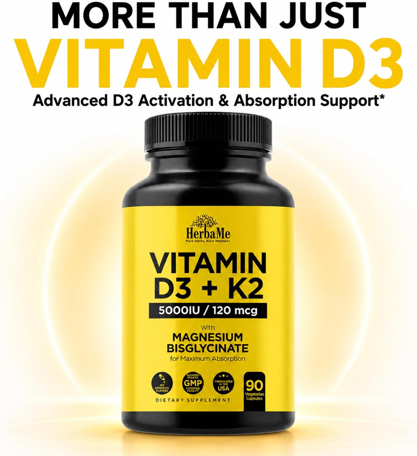HerbaMe Vitamina D3 5000 UI + K2 con Magnesio Bisglicinato | Salud Ósea, Muscular e Inmune | 90 Cápsulas